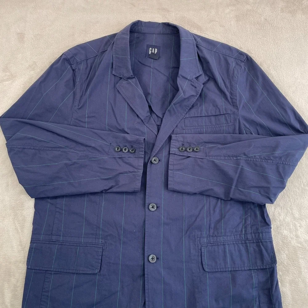 GAP 3 Button Jacket Blazer‎ Men 2XL Navy Blue Striped Cotton Work Office Preppy